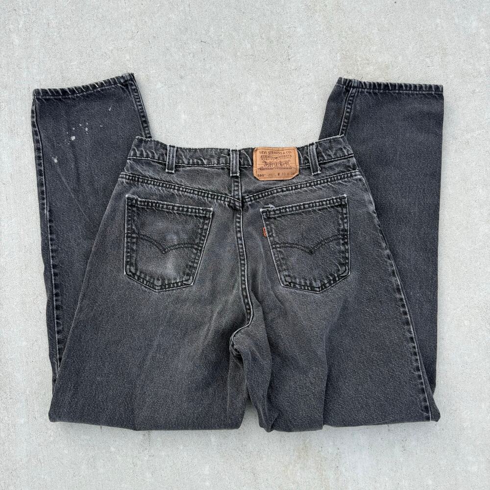 VTG 90s Levi's 580 Baggy Fit Tapered Leg Pleated Black Jeans Orange Tab 33x34